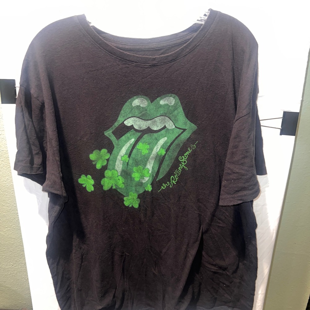 Rolling Stones St Patricks Day Shamrock Tongue Logo Black T-Shirt Mens S/M Rock